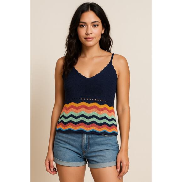 Mossimo Chevron Crochet Knit Tank Top Small Navy Multicolor‎ Boho Festival - Picture 1 of 12
